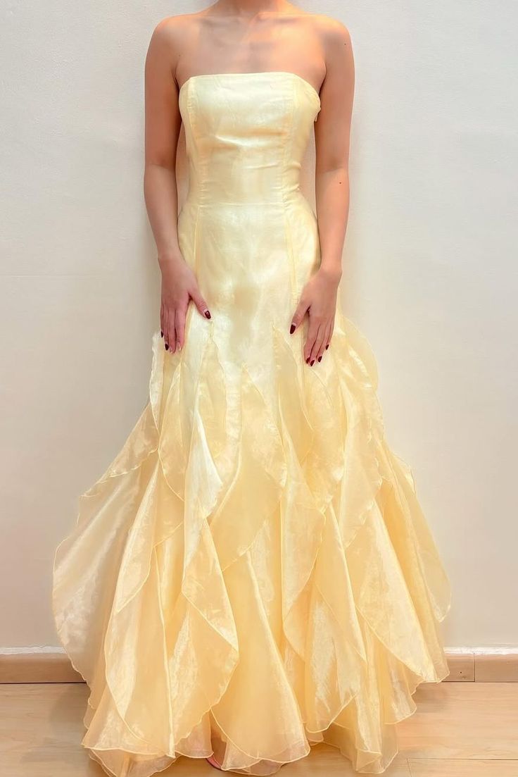 Light Yellow Strapless A-Line Ruffles Long Party Dress Formal Evening Dress, D582
