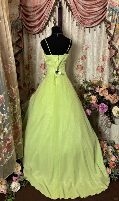 Green Spaghetti Straps A-Line Tiered Chiffon Vintage Long Prom Dress Evening Gown, D594