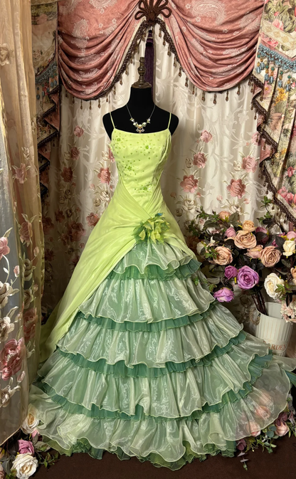 Green Spaghetti Straps A-Line Tiered Chiffon Vintage Long Prom Dress Evening Gown, D594