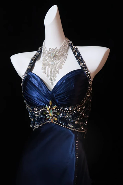 Navy Blue Halter A-Line Beading Satin Long Prom Dress Vintage Evening Dress, D598