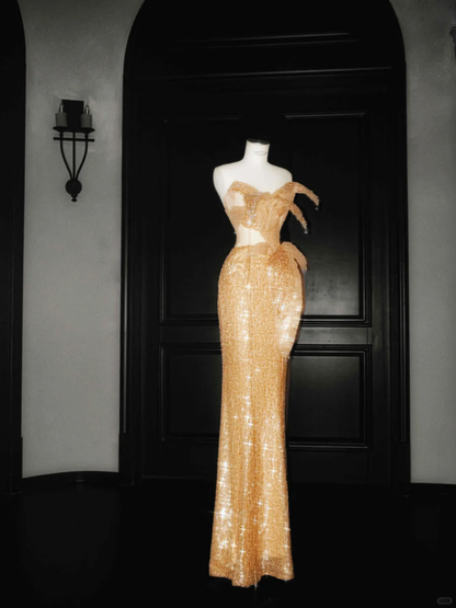 Gold Strapless Mermaid Sequins Beading Long Evening Dress Birthday Outfits, D802