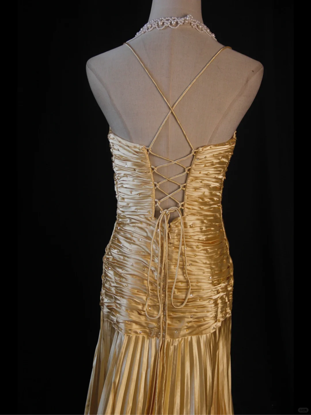 Gold Straps A-Line Satin Beading Long Prom Dress Vintage Evening Dress, D600