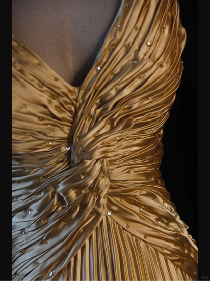 Gold Straps A-Line Satin Beading Long Prom Dress Vintage Evening Dress, D600