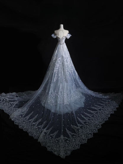 Stunning Off Shoulder Tulle Beading Mermaid Long Prom dress Wedding Dress, D602