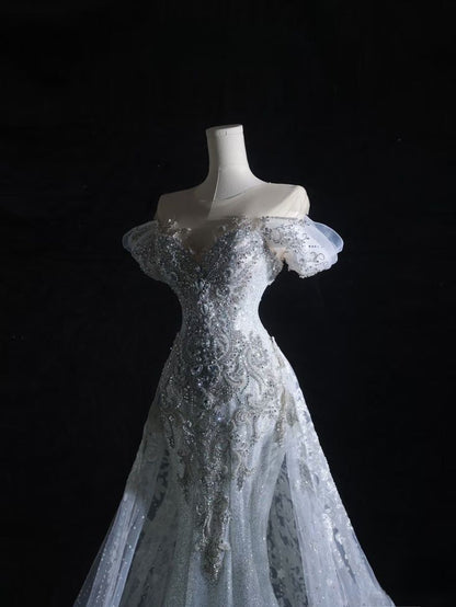 Stunning Off Shoulder Tulle Beading Mermaid Long Prom dress Wedding Dress, D602