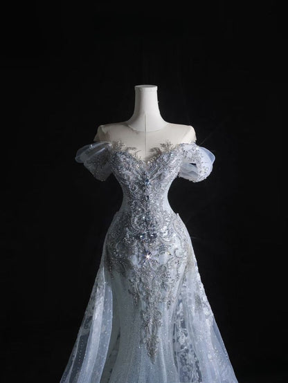 Stunning Off Shoulder Tulle Beading Mermaid Long Prom dress Wedding Dress, D602