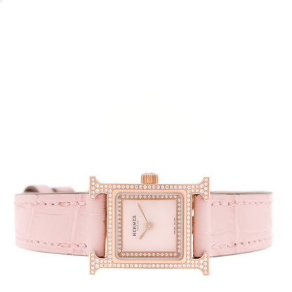 18K Rose Gold Alligator Diamond Bezel Rose Opal 17.2mm Heure H Hour Quartz Watch Rose Pale