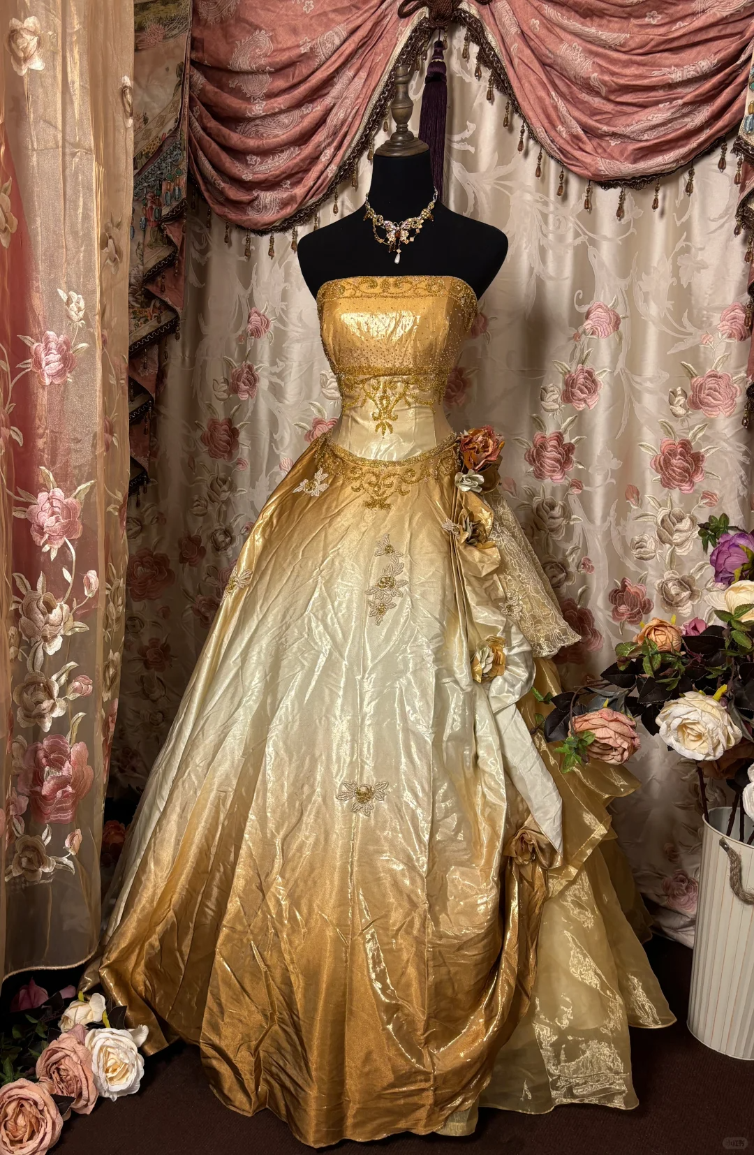 Gradient Strapless Beading A-Line Satin Vintage Long Party Dress Evening Gown, D613