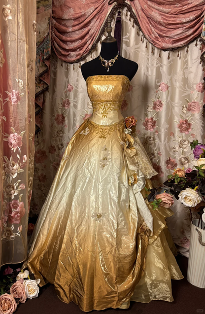 Gradient Strapless Beading A-Line Satin Vintage Long Party Dress Evening Gown, D613
