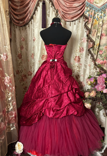 Wine Red Strapless A-Line Satin Vintage Long Party Dress Evening Gown, D614