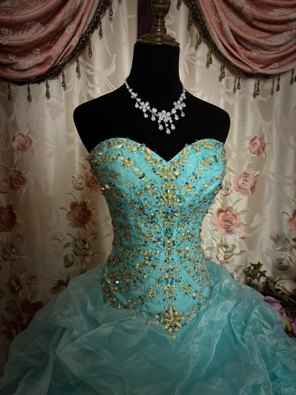 Tiffany Blue Strapless Beading Organza Vintage Long Party Dress Evening Gown, D617