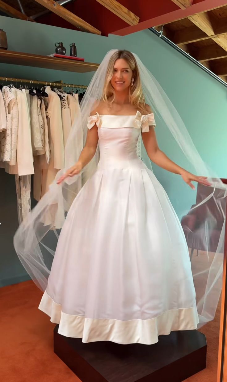 Sweety A Line Off the Shoulder Bow White Satin Long Wedding Dress SH5863