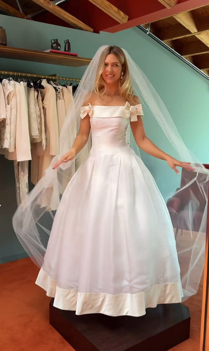 Sweety A Line Off the Shoulder Bow White Satin Long Wedding Dress SH5863