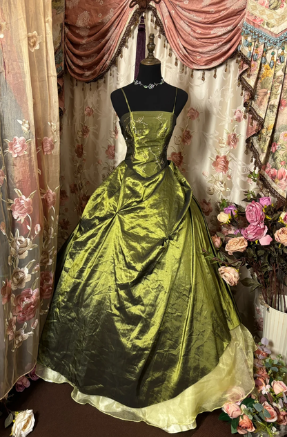 Green Spaghetti Straps A-Line Satin Retro Long Party Dress Evening Gown, D622
