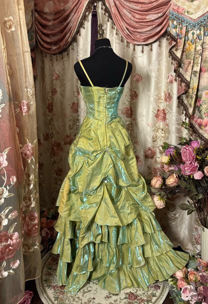 Green Spaghetti Straps A-Line Satin Retro Long Party Dress Evening Gown, D623