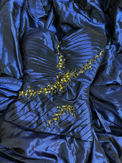 Navy Blue Sweetheart A-Line Satin Beading Long Party Dress Evening Gown, D625