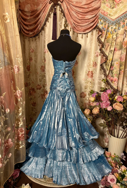 Blue Strapless A-Line Satin Tiered Retro Long Party Dress Evening Gown, D628