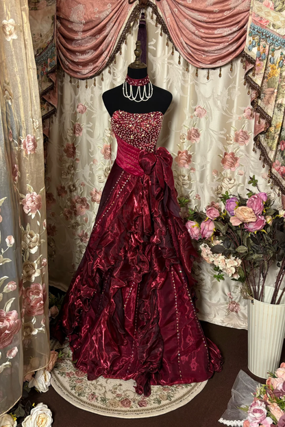 Burgundy Strapless A-Line Organza Beading Vintage Long Evening Party Dress, D630