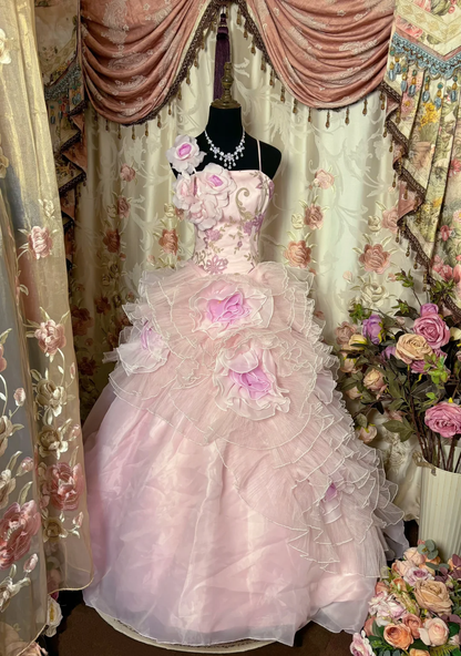 Light Pink Straps A-Line Organza Floral Vintage Long Party Dress Evening Gown, D633