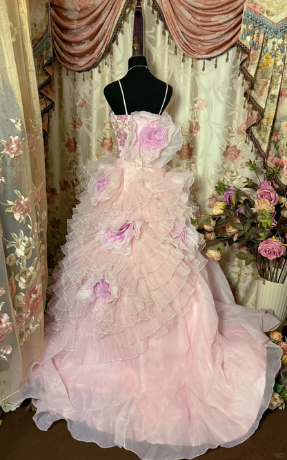Light Pink Straps A-Line Organza Floral Vintage Long Party Dress Evening Gown, D633