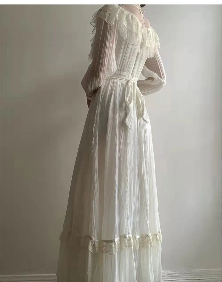 White High Neck Long Sleeves A-Line Chiffon Lace Vintage Long Party Dress, D640