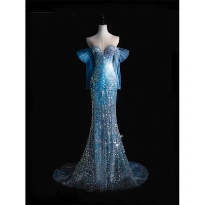 Gorgeous Blue Mermaid Sequins Long Formal Prom Dress Evening Party Dress, D643