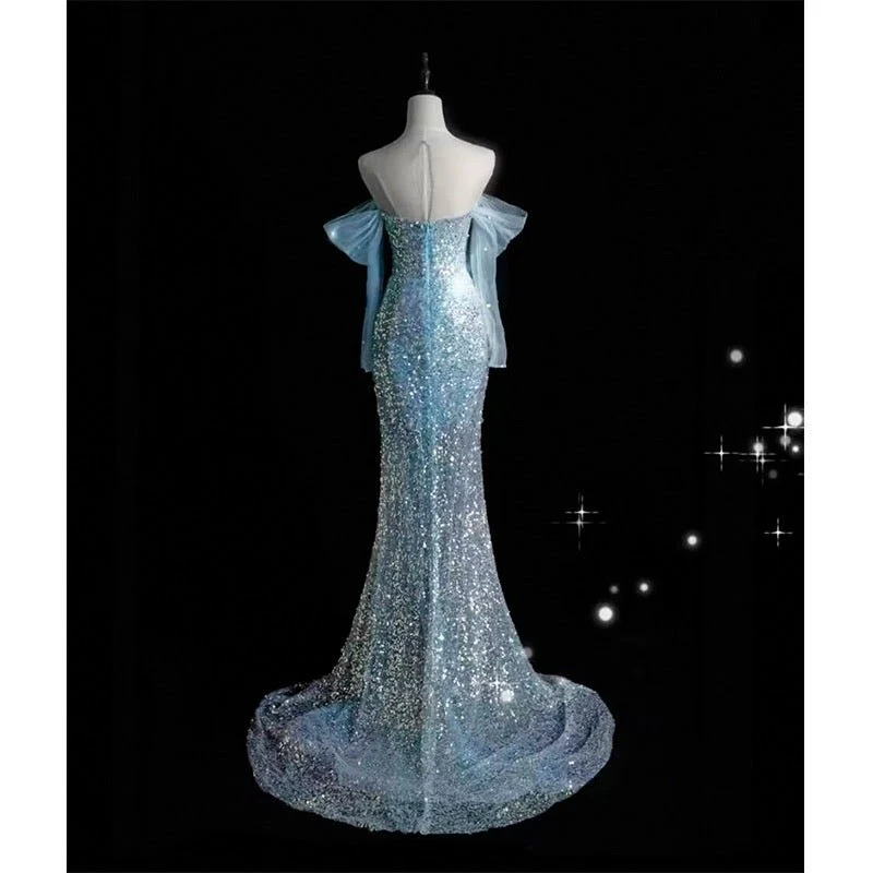 Gorgeous Blue Mermaid Sequins Long Formal Prom Dress Evening Party Dress, D643