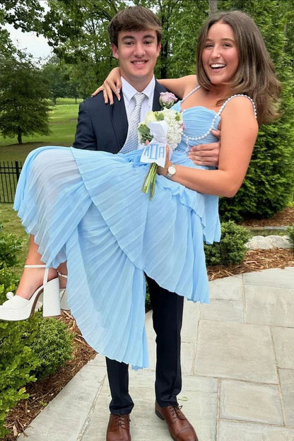 Blue Spaghetti Straps A-Line Tiered Long Party Dress Cute Prom Dress, D644