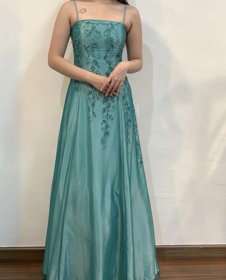Green Straps A-Line Beading Satin Long Prom Dress Vintage Party Dress, D670