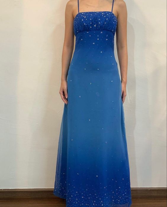 Navy Ombre Spaghetti Straps A-Line Beading Long Prom Dress Vintage Party Dress, D674
