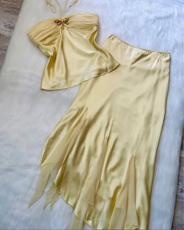 Light Yellow Halter Two Pieces Sheath Satin Long Party Dress Beach Dress, D690