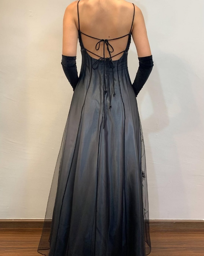 Black Spaghetti Straps A-Line Beading Long Prom Dress Vintage Party Dress, D694