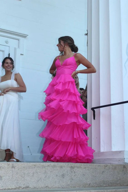 Hot Pink Straps A-Line Chiffon Layers Long Party Dress Formal Prom Dress, D695