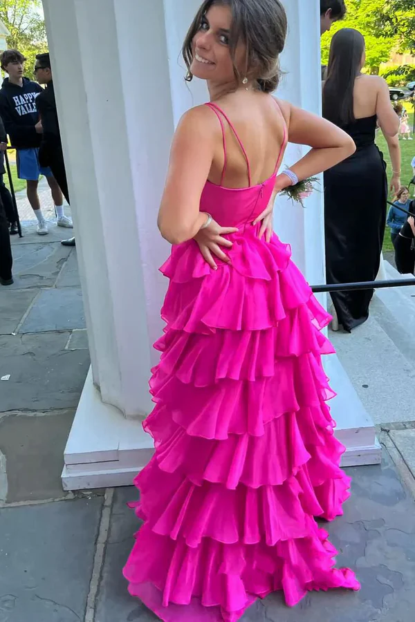 Hot Pink Straps A-Line Chiffon Layers Long Party Dress Formal Prom Dress, D695