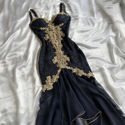 Black Straps Lace Appliques Sheath Long Party Dress Vintage Prom Dress, D702