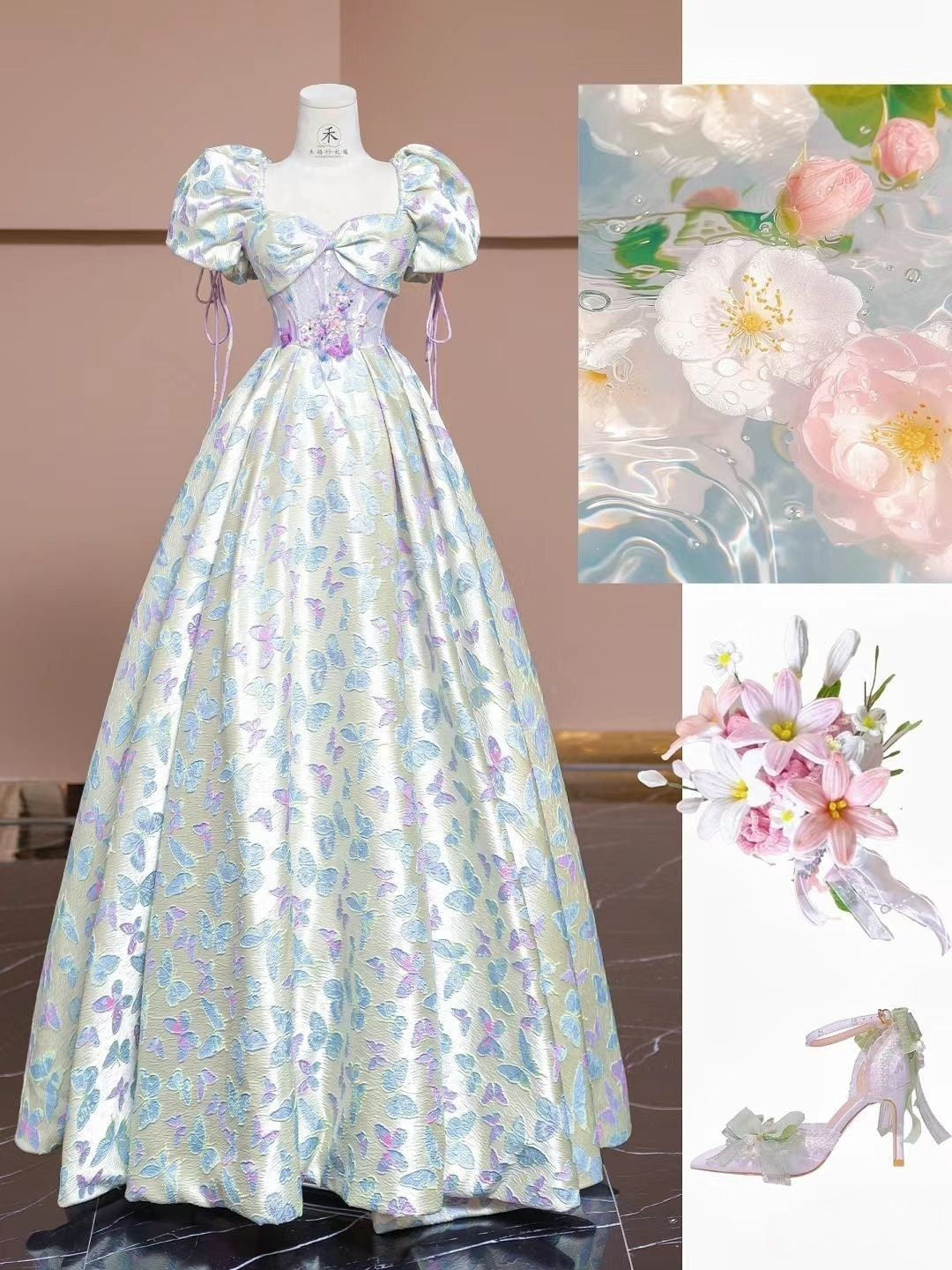 Lovely Puffy Sleeves A-Line Satin Butterfly Long Prom Dress Cute Birthday Dress, D707