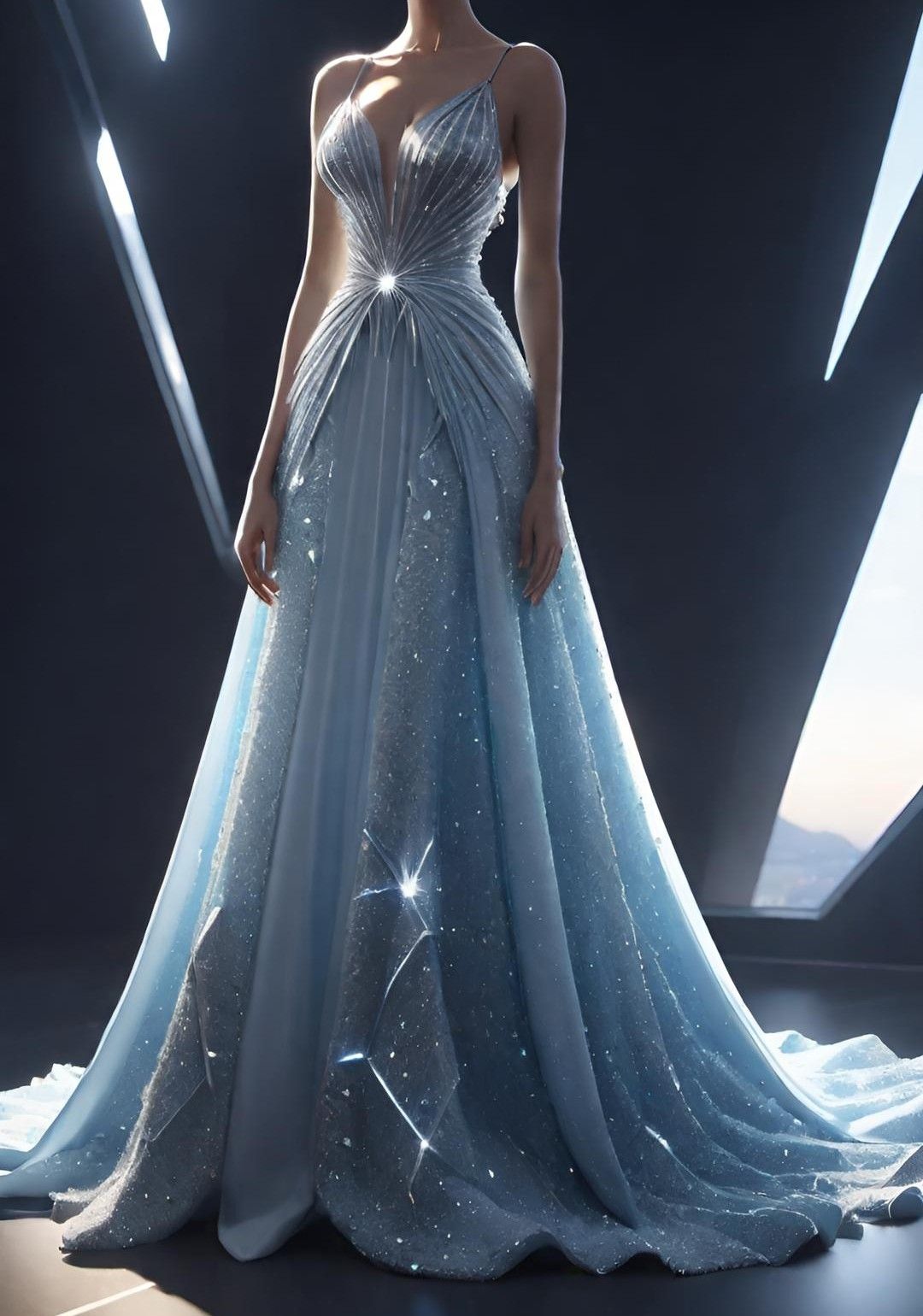 Light Blue Straps V Neck A-Line Shiny Long Prom Dress Evening Gown, D714