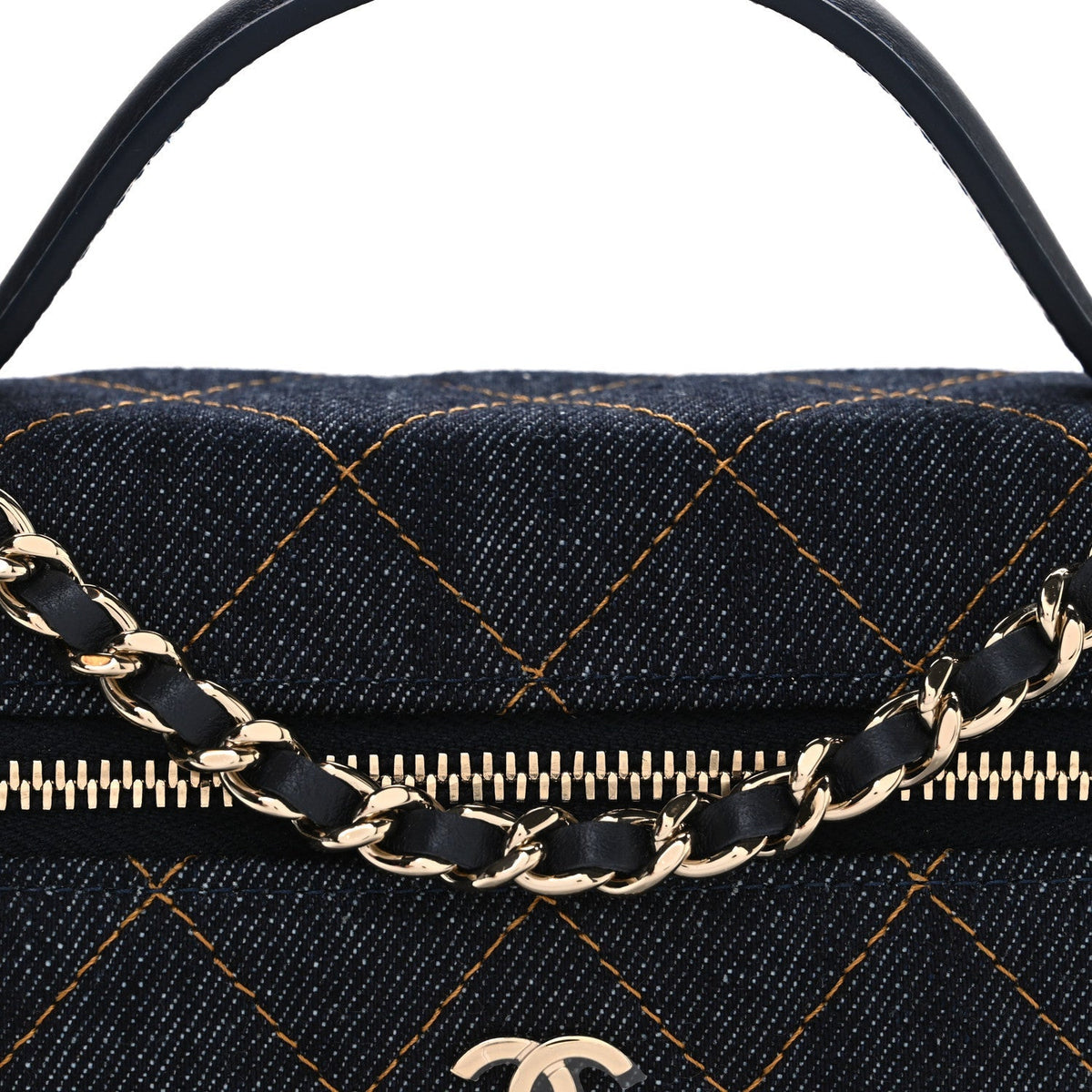 Denim Quilted Top Handle Slim Vanity Case With Chain Dark Blue Orange