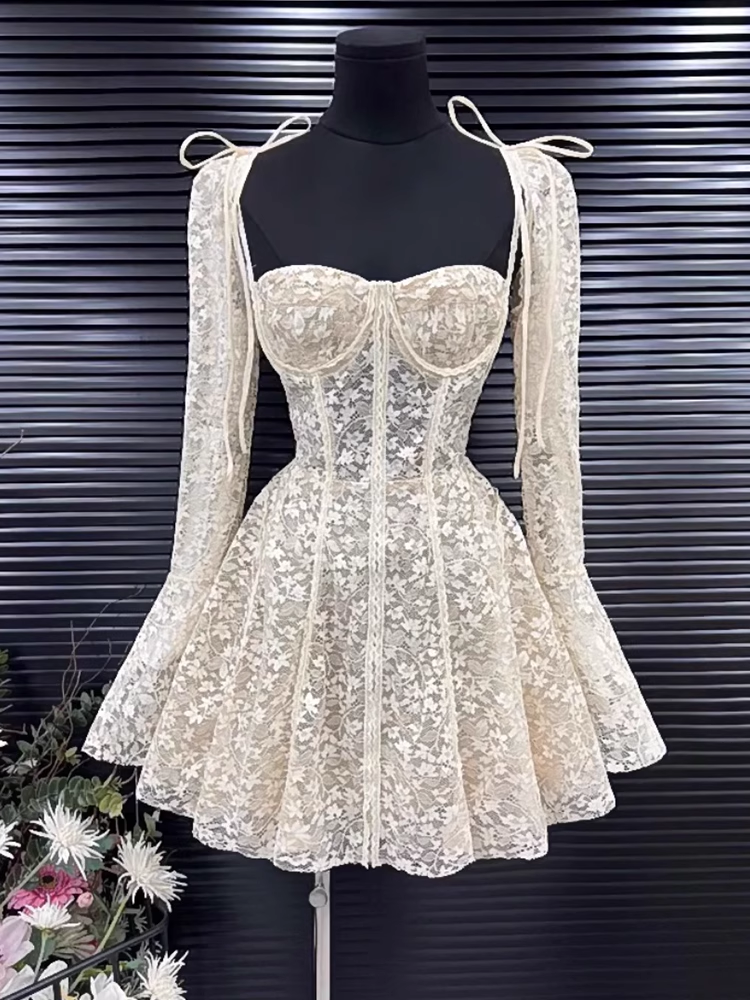 New Fashion Lace Embroidery Design A-line Long-sleeved Party Dresses Homecoming Dresses, D1388