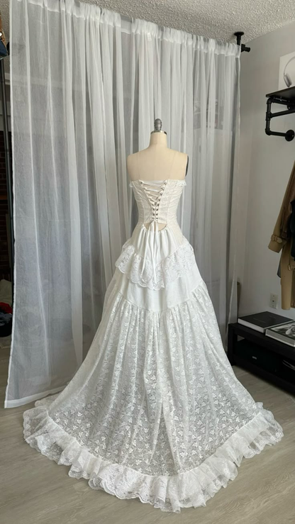 White Strapless A-Line Lace Long Party Dress Vintage Wedding Dress, D791
