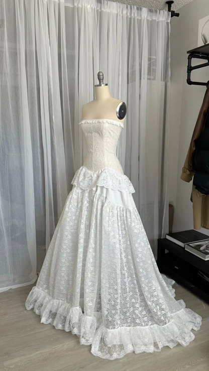 White Strapless A-Line Lace Long Party Dress Vintage Wedding Dress, D791
