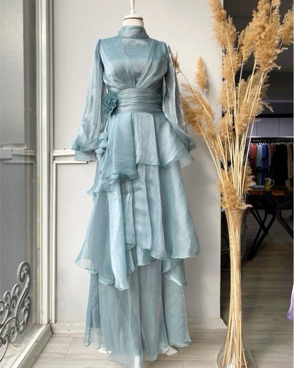 Blue High Neck Long Sleeves A-Line Chiffon Modest Long Formal Party Dress, D795