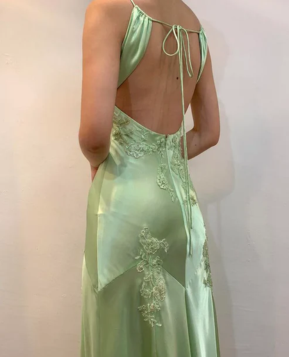 Green V Neck Straps Appliques Long Evening Party Dress MD7426