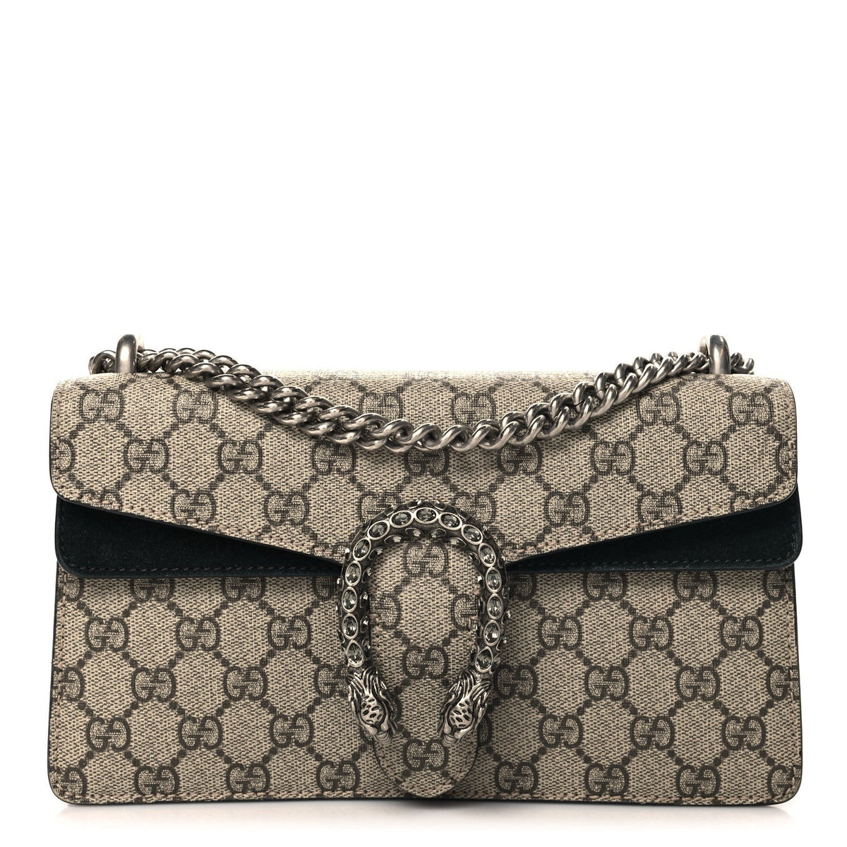 GG Supreme Monogram Suede Crystal Small Dionysus Shoulder Bag Beige Ebony Black
