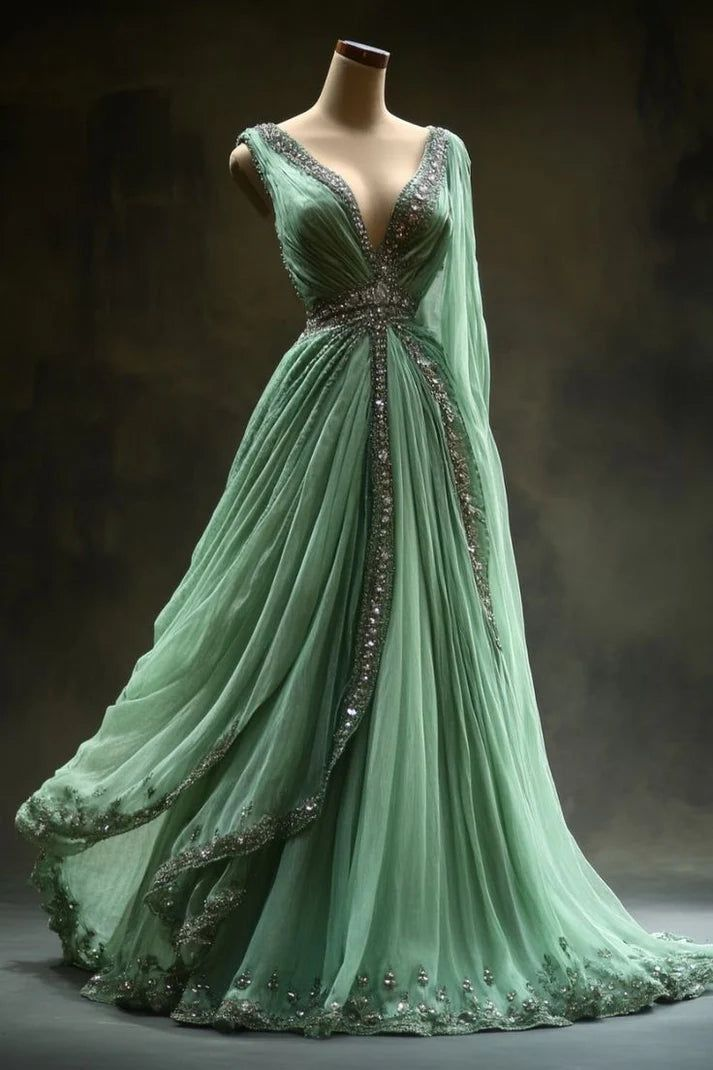 Green V Neck A-Line Beading Retro Chiffon Long Formal Evening Dresses, D820
