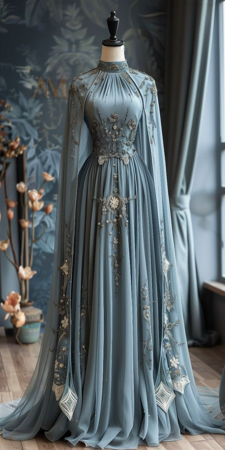 Modest Blue High Neck A-Line Beading Long Prom Dress Formal Evening Gown, D831