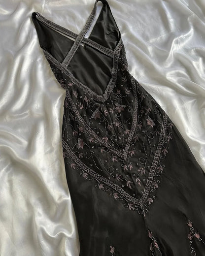 Black V Neck Sheath Beading Vinatge Long party Dress Evening Dresses, D888