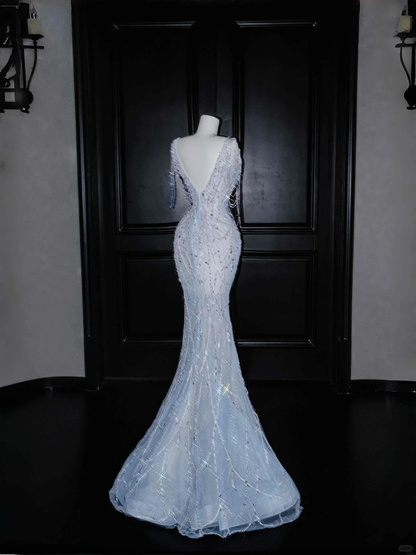 Light Blue Sleeveless Mermaid Beading Long Evening Dress Birthday Outfits, D805