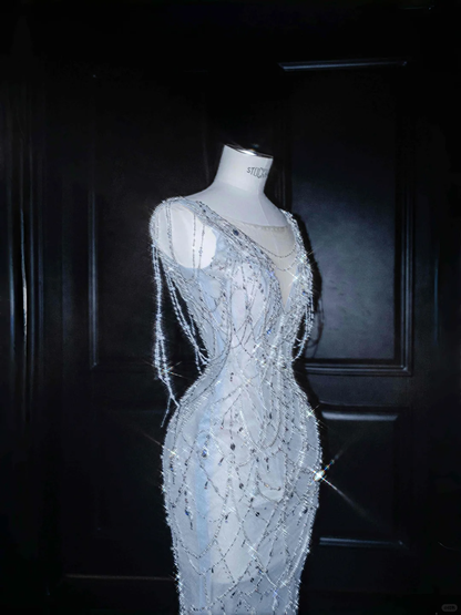 Light Blue Sleeveless Mermaid Beading Long Evening Dress Birthday Outfits, D805