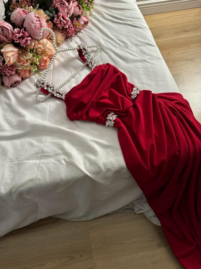 Wine Red Spaghetti Straps Sheath Long Evening Party Dress MD7367